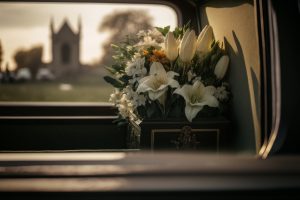 An arrangement of white flowers in the window of a car before the ceremony