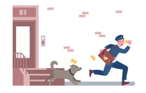 Postman running away from angry guard dog. Scared postal worker escaping from domestic animal. Aggressive puppy barking and chasing mailman. Letter envelopes delivery. House door porch. Vector concept